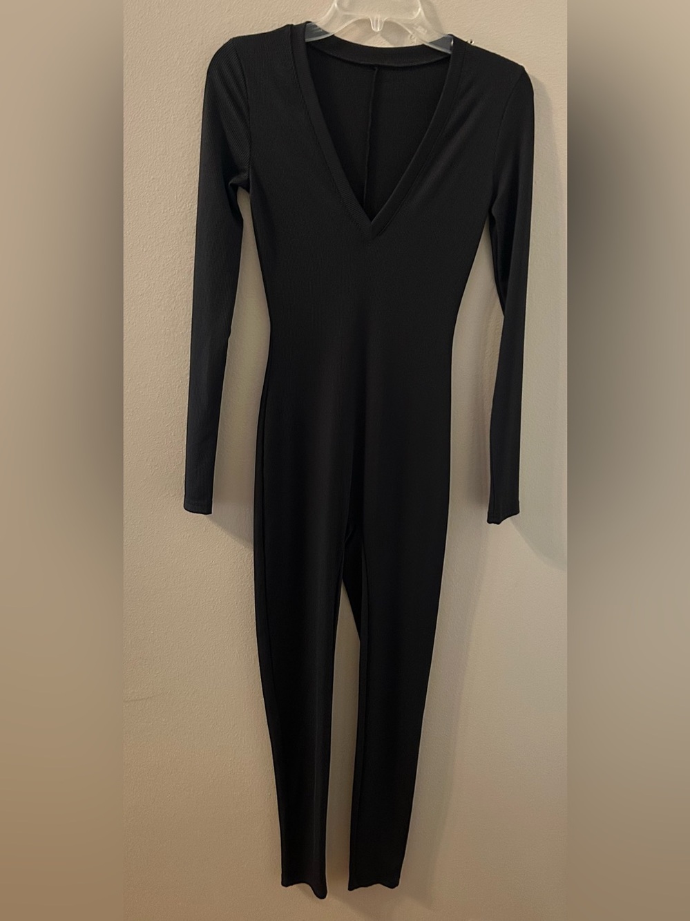 SHEIN Black Deep V-Neck Long Sleeve Jumpsuit